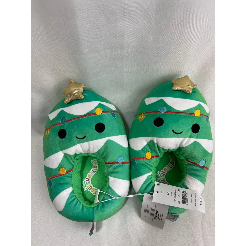 Squishmallows‎ Christmas Tree Plush Slippers Green Holiday Kids Size 4/5 NEW